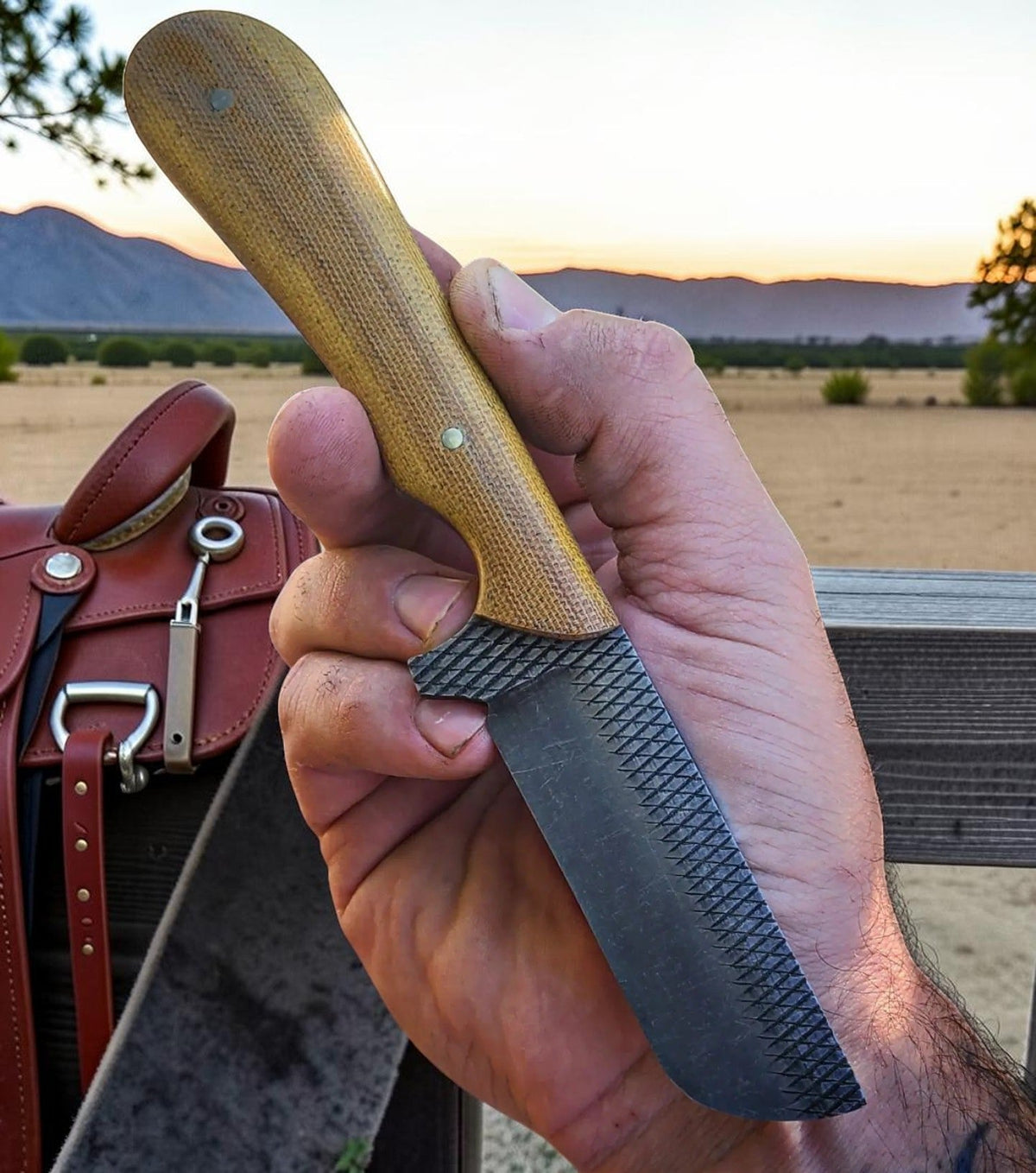 The Ironhorse – Custom Handmade Old Farrier Horse Rasp Steel Bull Cutter Knife with Brown Micarta Handle & Leather Sheath