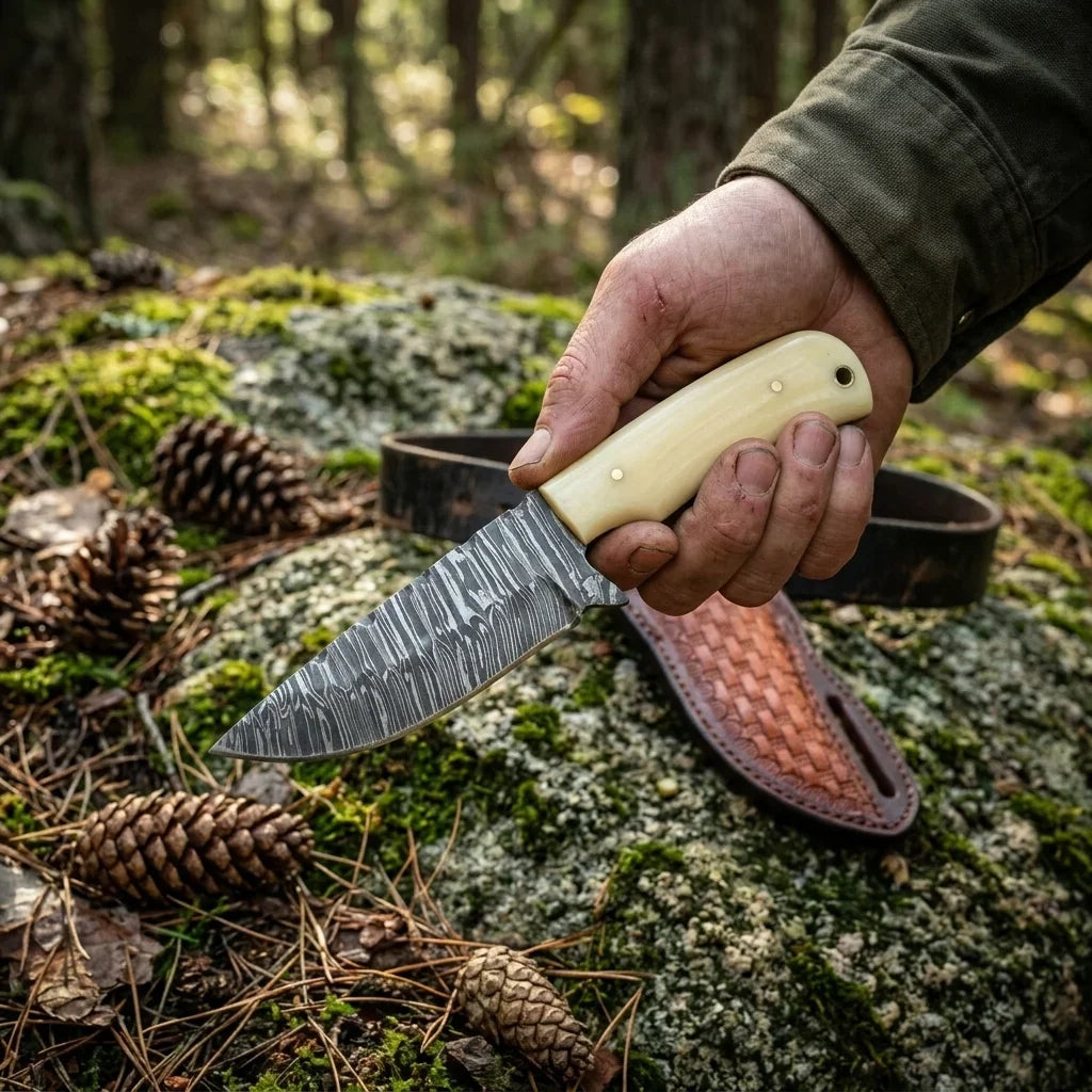 Western Ranch Knife – Fire Damascus Steel & Bone Handle with Leather Sheath